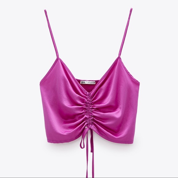 Zara Tops - NWT Zara fuchsia ruched satin effect crop top